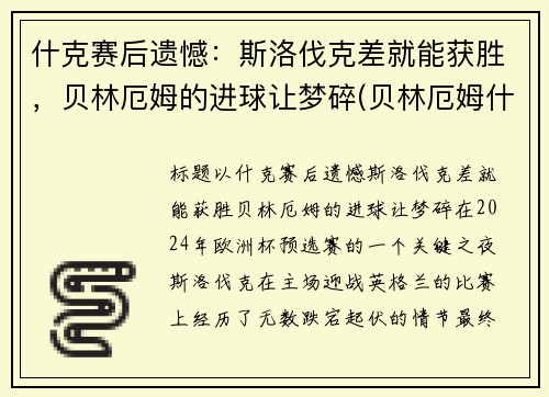 什克赛后遗憾：斯洛伐克差就能获胜，贝林厄姆的进球让梦碎(贝林厄姆什么位置)