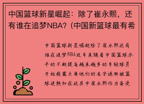 中国篮球新星崛起：除了崔永熙，还有谁在追梦NBA？(中国新篮球最有希望的球员)