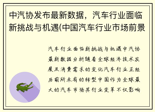 中汽协发布最新数据，汽车行业面临新挑战与机遇(中国汽车行业市场前景及投资机会研究报告)