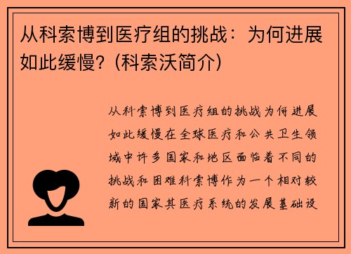 从科索博到医疗组的挑战：为何进展如此缓慢？(科索沃简介)